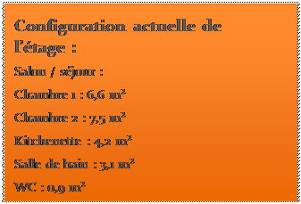 Zone de Texte: Configuration actuelle de ltage :
Salon / sjour :
Chambre 1 : 6,6 m
Chambre 2 : 7,5 m
Kitchenette : 4,2 m
Salle de bain : 3,1 m
WC : 0,9 m
