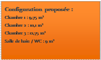 Zone de Texte: Configuration propose :
Chambre 1 : 9,75 m
Chambre 2 : 10,1 m
Chambre 3 : 12,75 m
Salle de bain / WC : 9 m
